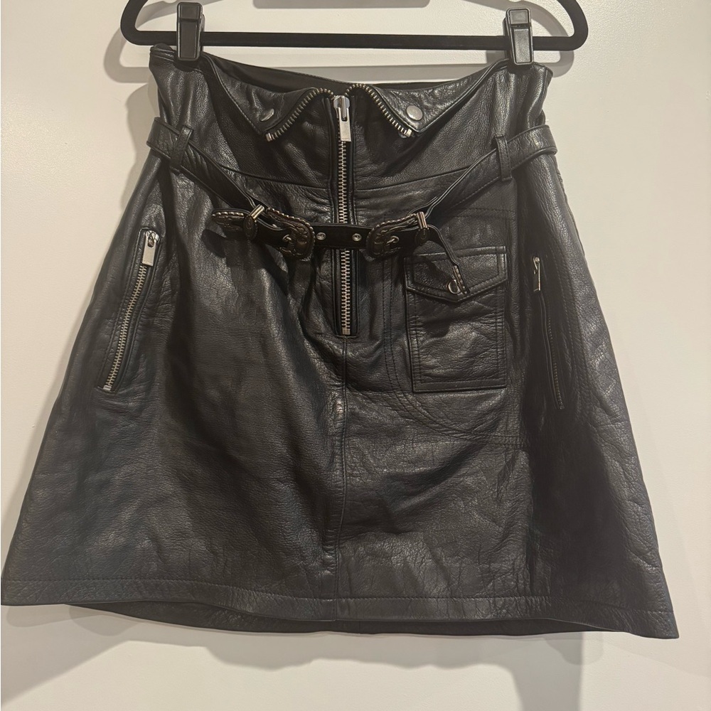 The Kooples Black Leather Mini Skirt with Zipper and Belt